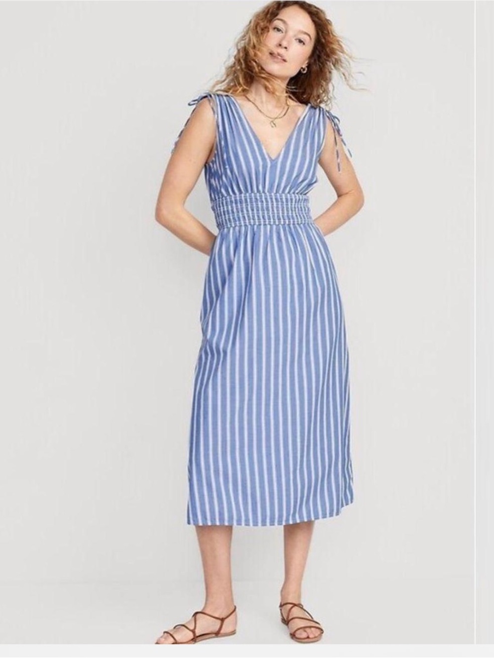 Old Navy Blue White Striped Midi Dress XXL V Neck Smocked Waist Cotton